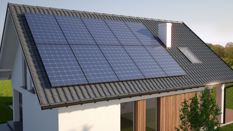 Solar panels on roof of the modern single family house, 3D illus